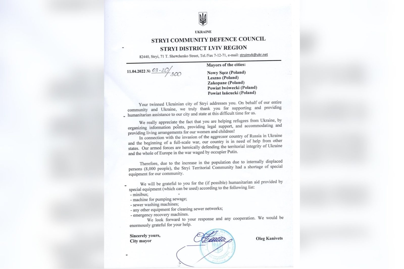 Powiat Lwówecki otrzymał podziękowania od Ukraińskiego miasta Stryj