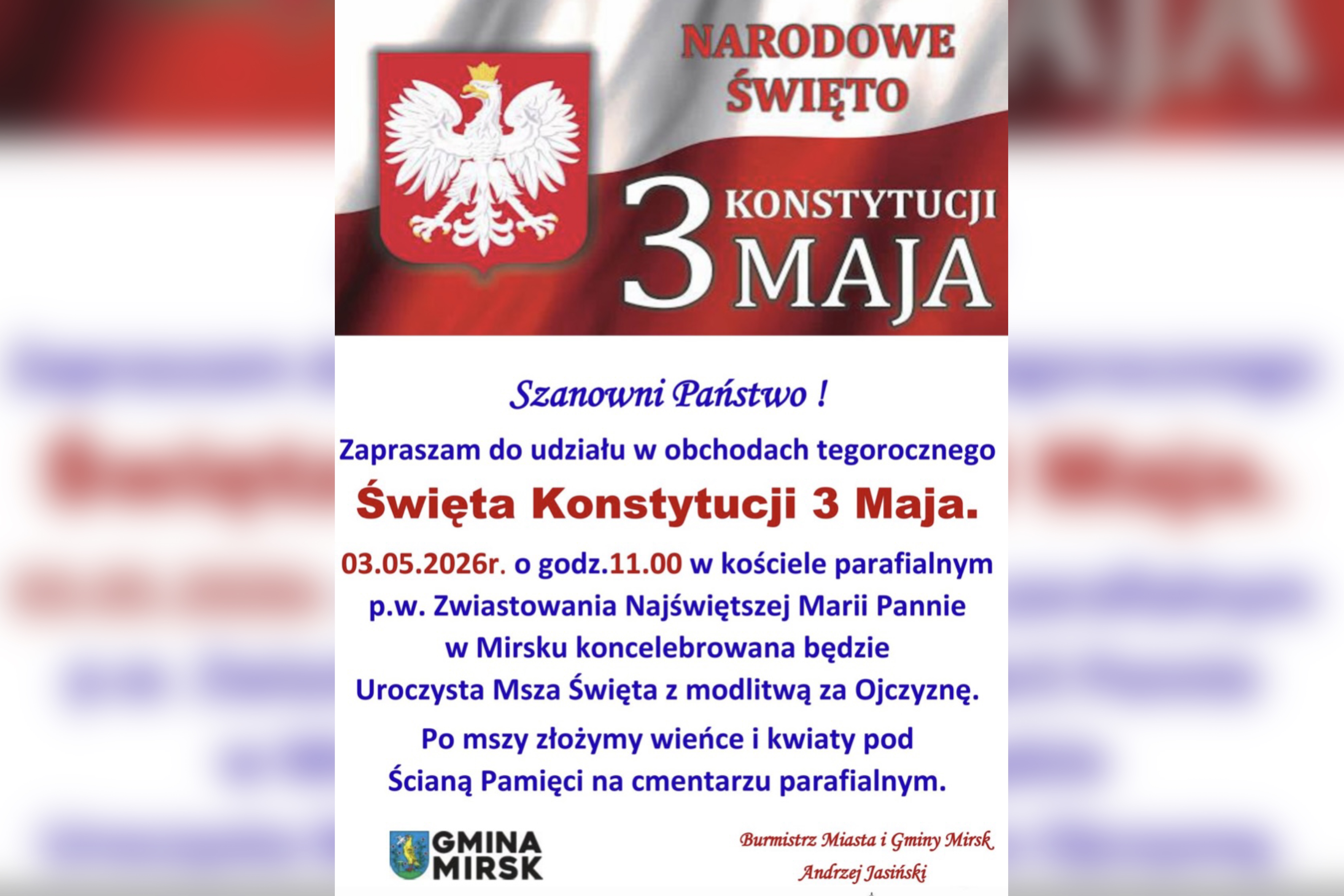 Zapraszamy na Obchody Święta Konstytucji 3 Maja w Mirsku