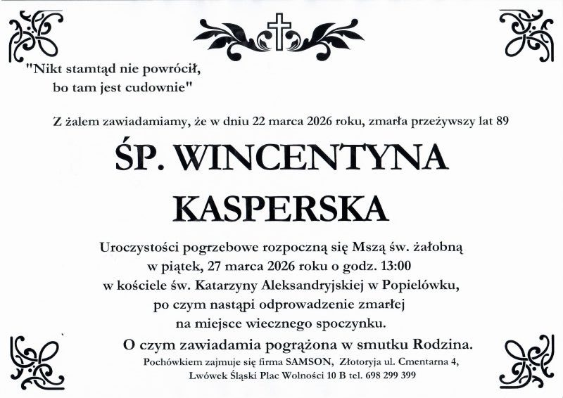 Odeszła Wincentyna Kasperska