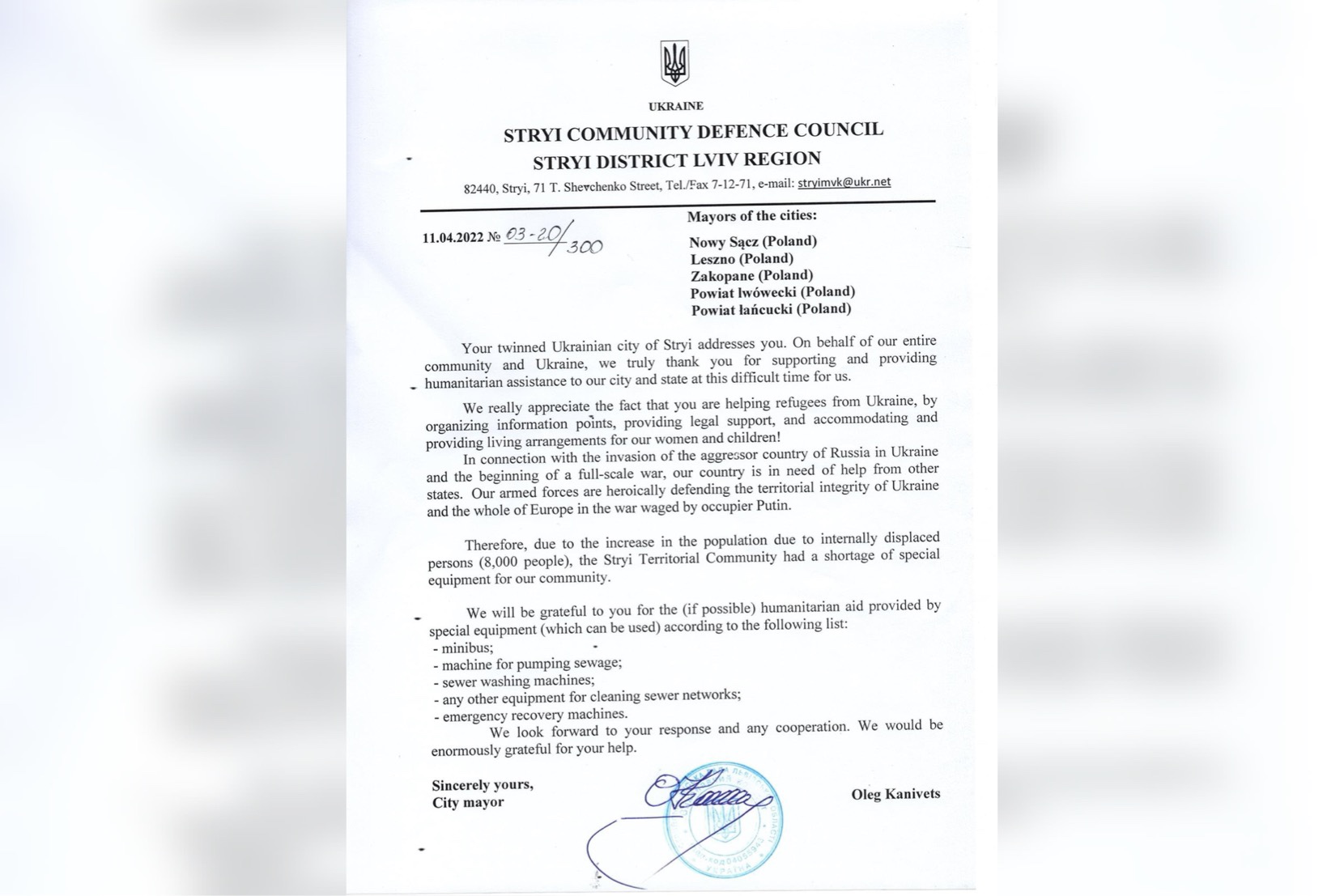  Powiat Lwówecki otrzymał podziękowania od Ukraińskiego miasta Stryj