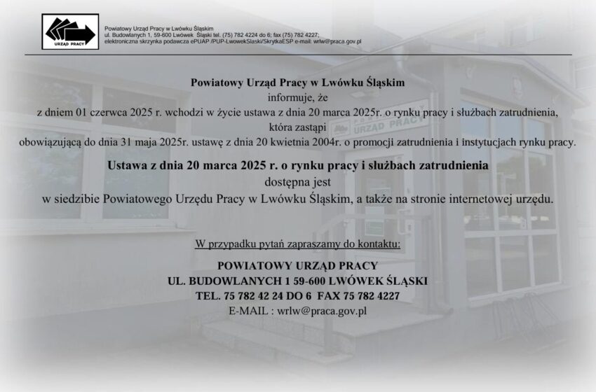Powiatowy Urząd Pracy w Lwówku Śląskim: Ważne zmiany w prawie już od 1 czerwca