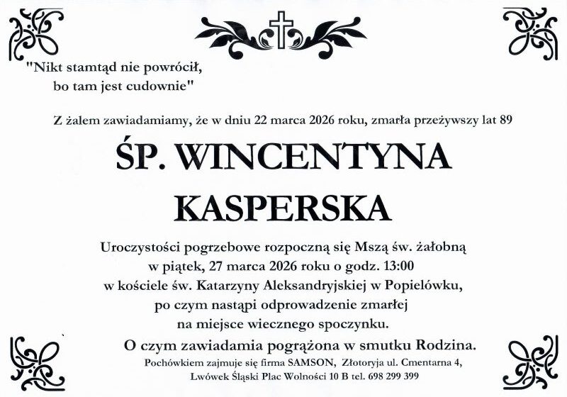  Odeszła Wincentyna Kasperska