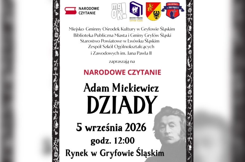 Narodowe Czytanie 2026 w Gryfowie Śląskim. „Dziady” Adama Mickiewicza zabrzmią na rynku